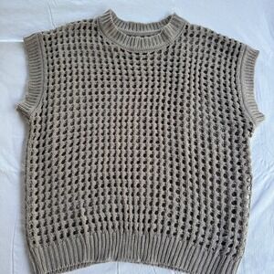 Dazy Womens Open Knit Sweater Vest Beige Tan Crochet Sleeveless Pullover Large